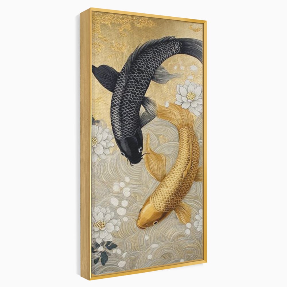 Tablou canvas cu tablou canvas cu doi pesti koi, in rama de aluminiu auriu